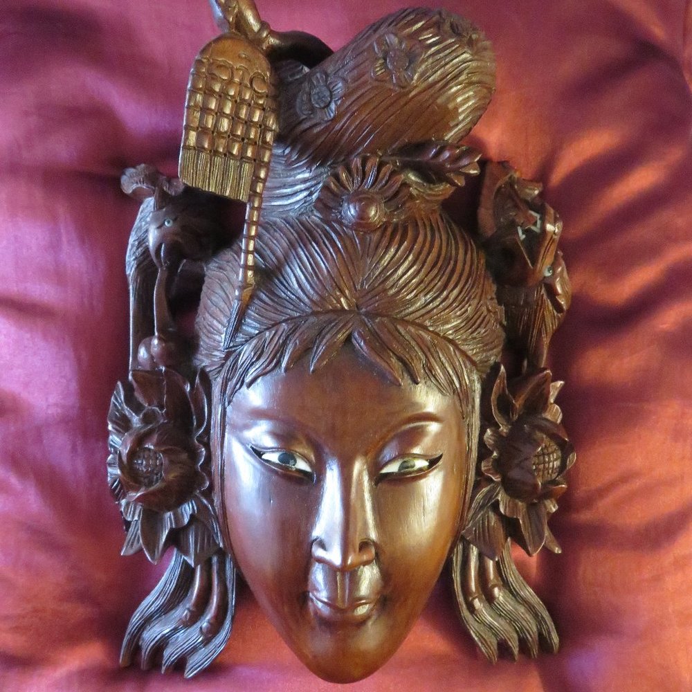 Asian Hand Carved Rosewood Empress Dragon Mask